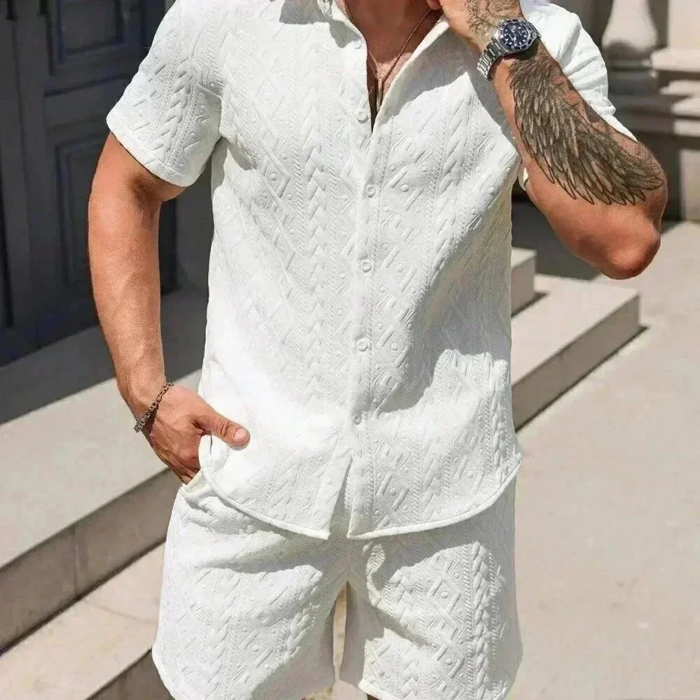 White Casual Men's Summer Solid Textured Shirt And Shorts Set
